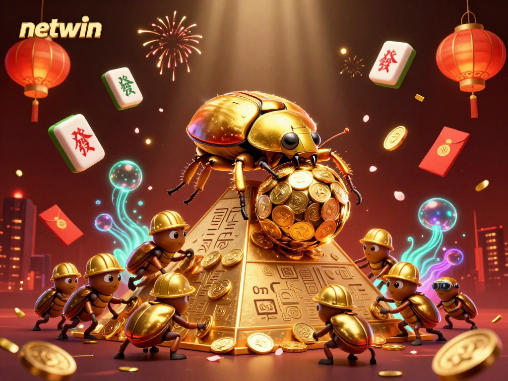 Experience dynamic gambling thrills with netwin as a golden beetle rolls coin treasures, embodying casino excitement.
