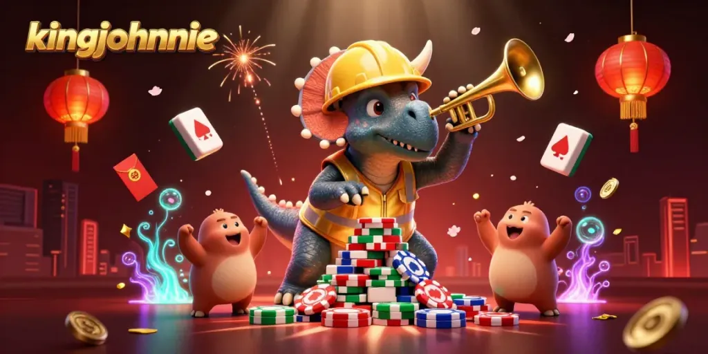 kingjohnnie celebrates with a 3D triceratops, poker chips, and festive casino elements