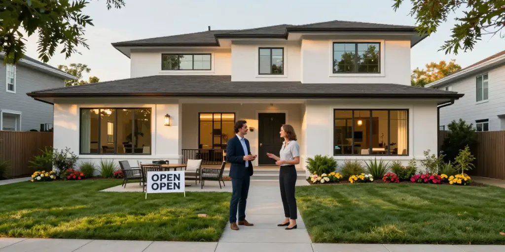 Engaging real estate agent showcasing a beautiful property during golden hour.