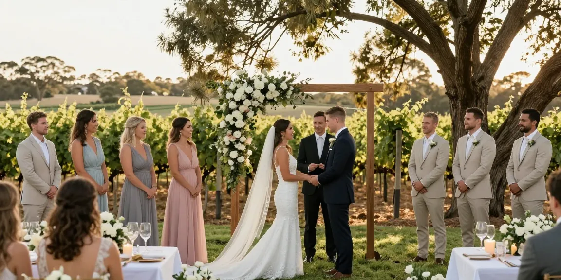 Candid Hunter Valley wedding photography capturing a couple exchanging vows surrounded by friends in a vineyard setting.