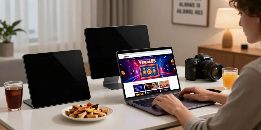 Engaging home office scene featuring a user exploring Link Alternatif Vegas88 on a laptop.