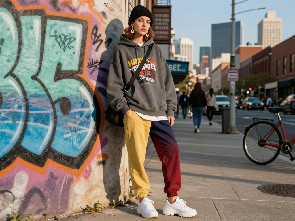 Fashionisk .com trendy streetwear outfit in an urban setting with graffiti background.
