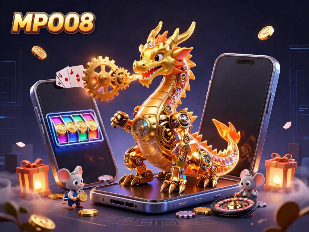 Experience MPO08's thrilling gaming adventure with a golden dragon, interactive slots, and vibrant game elements.