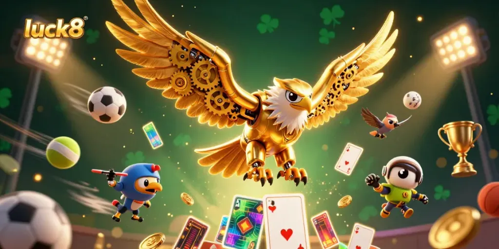 Experience the thrill of gambling with luck8 in a vibrant, dynamic 3D illustration featuring sports elements and casino themes.
