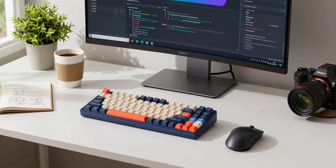 Showcasing the Wooting 60HE v2 case in a vibrant tech workspace with a modern keyboard setup and dual monitors.
