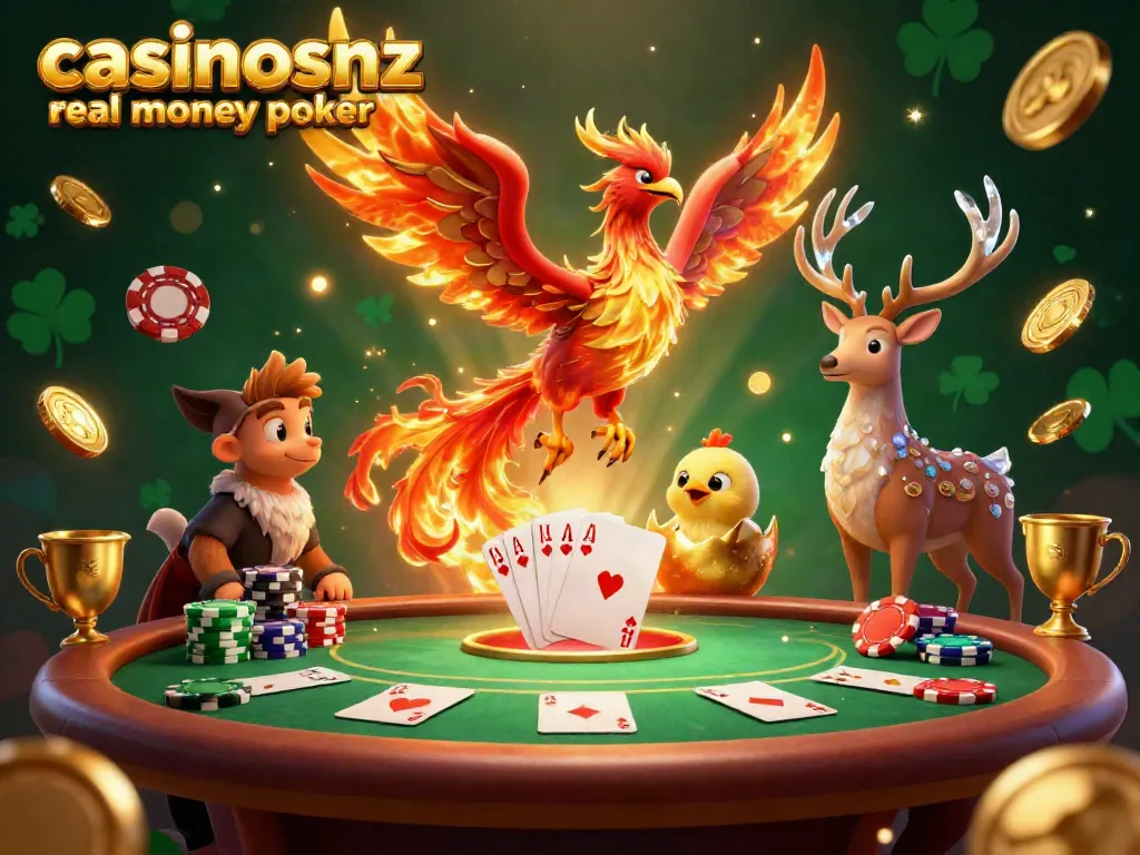 Experience thrilling action with casinosnz real money poker as a phoenix rises over a lively poker table scene.
