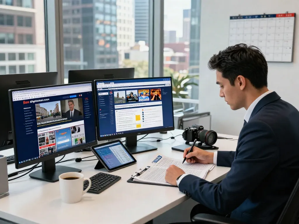 News journalist crafting content for elligilgal.com in a modern office setting, with multiple screens and city view.
