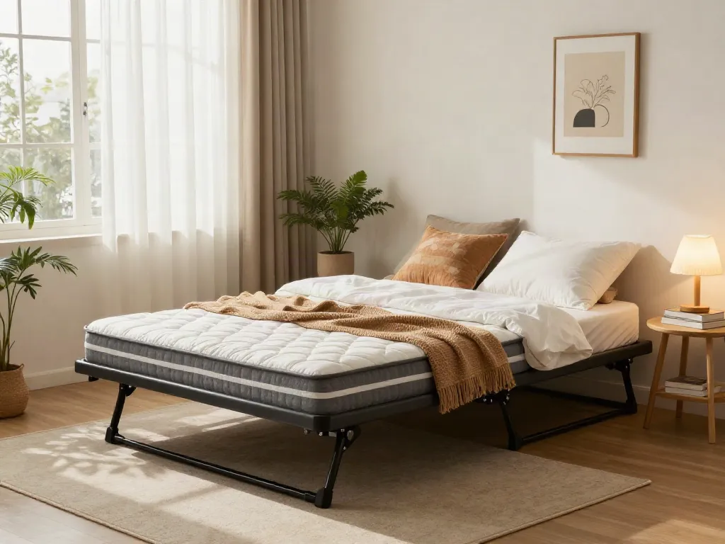 Stylish folding bed in a cozy living room, highlighting price of folding alternatives for versatile home solutions.