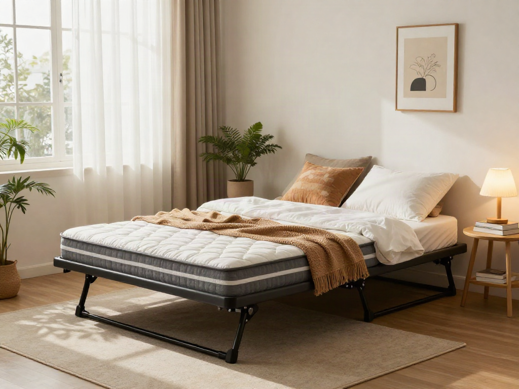 Stylish folding bed in a cozy living room, highlighting price of folding alternatives for versatile home solutions.