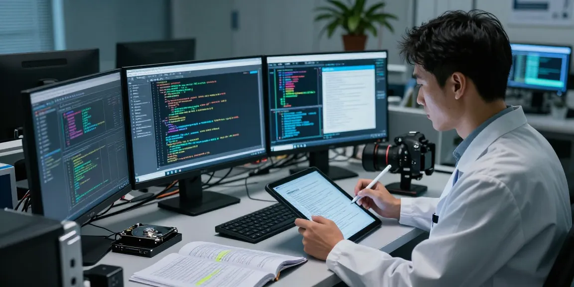Digital forensics investigation scene with forensic analyst analyzing electronic evidence and data visualization in a high-tech lab.