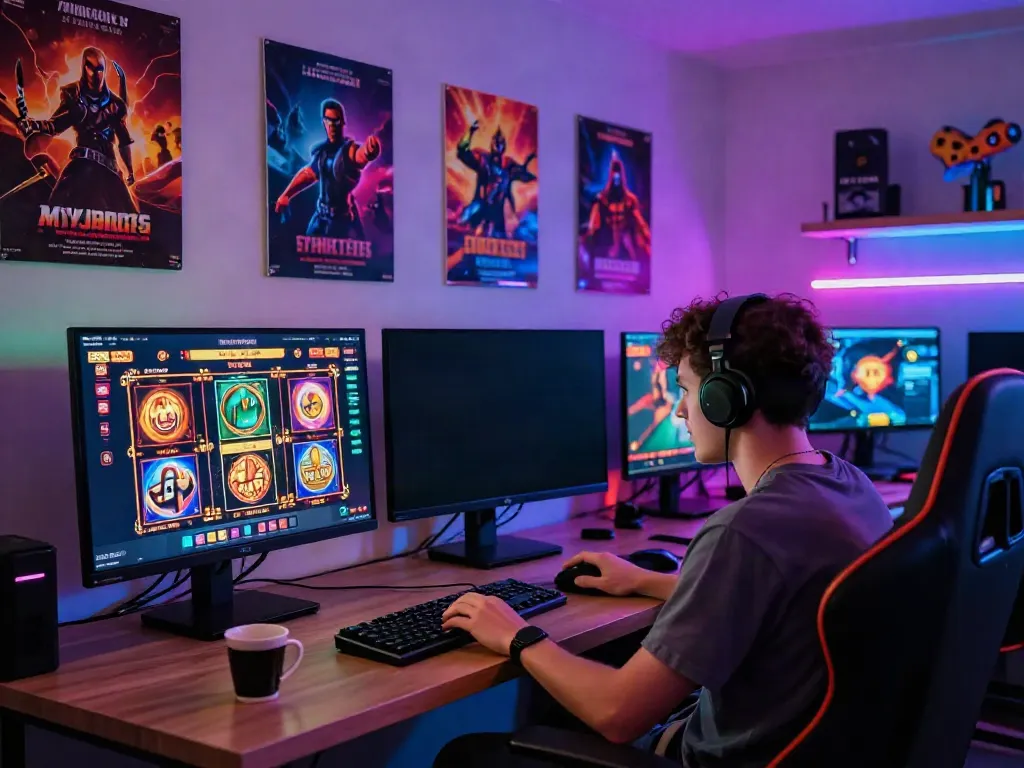 Engaging gaming setup showcasing psgslot games on a monitor, vibrant atmosphere and cozy décor.
