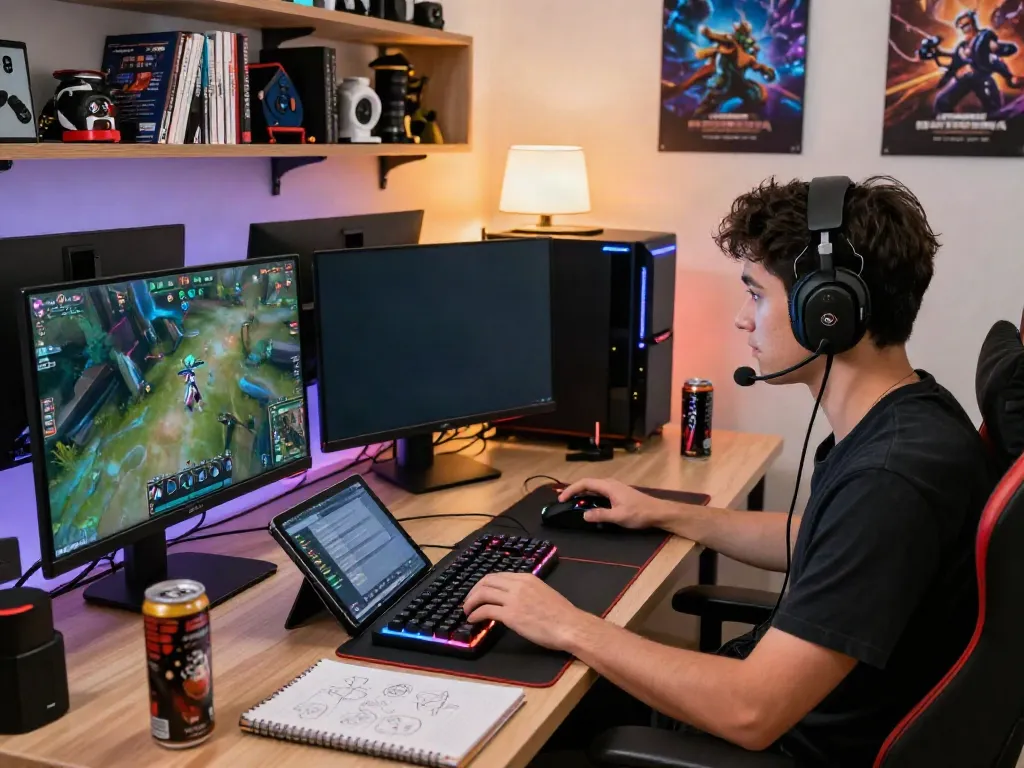 G15Tools gaming workspace with a focused gamer, gadgets, and motivational decor