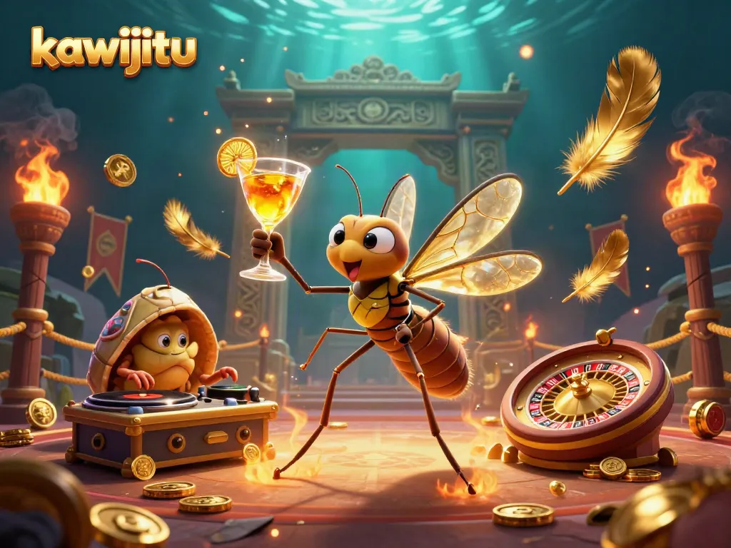 Kawijitu casino scene featuring a legendary mosquito mascot mixing a golden cocktail, alongside a trilobite DJ and roulette wheel