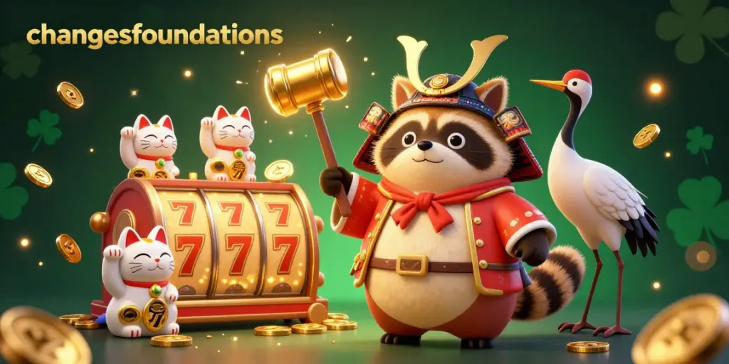 Engage with changesfoundations through a vibrant casino scene featuring a cheerful tanuki and lucky charms, pulsating riches.