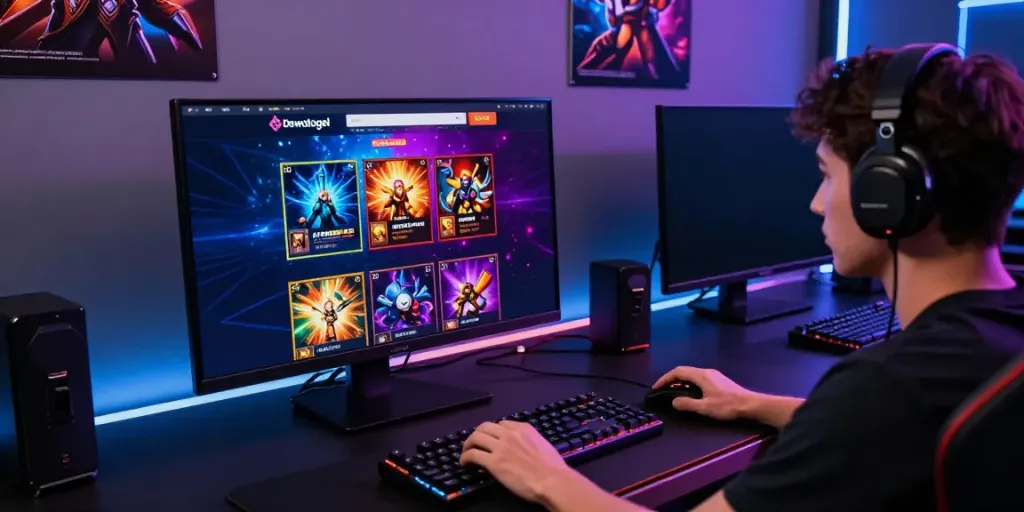 Dewatogel Link Alternatif showcased on gaming monitors with vibrant promotions, enhancing user experience in a dynamic gaming environment.