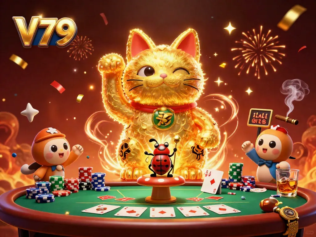 Engage in the vibrant energy of V79's online casino scene with a lively lucky cat and poker elements.