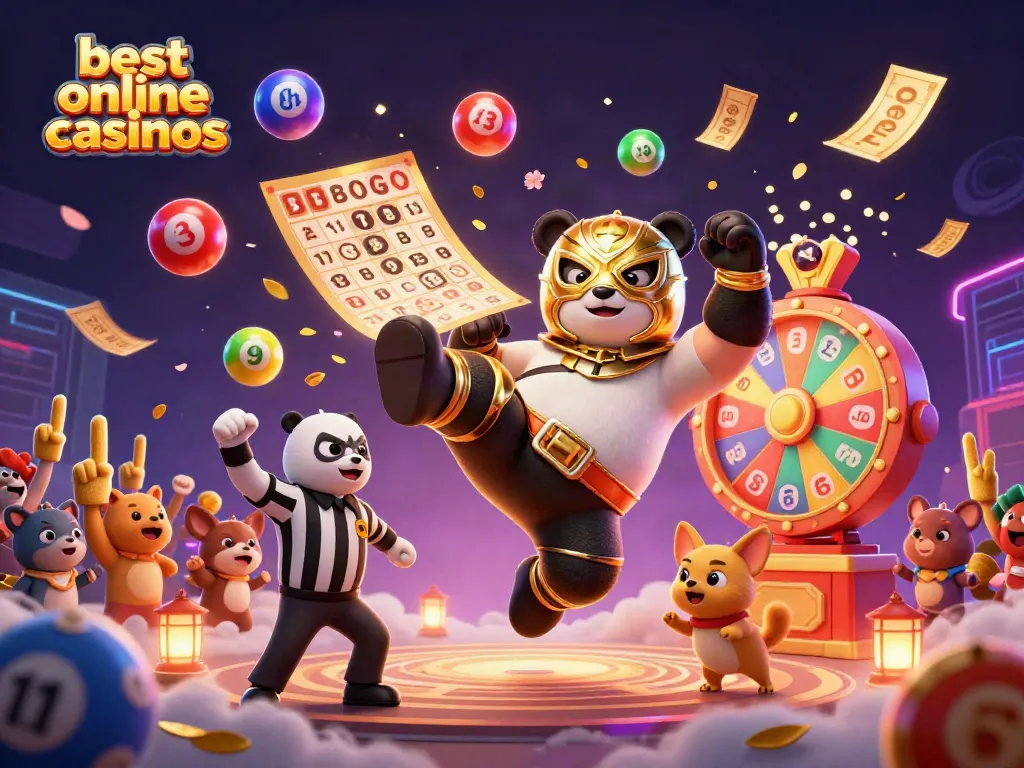 Engaging scene at the best online casinos featuring a panda wrestler flying kick, chihuahua referee, and excited audience.