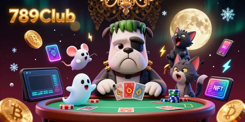 Engage in thrilling gameplay at 789Club with a spooky card dealing scene featuring a Frankenstein bulldog.