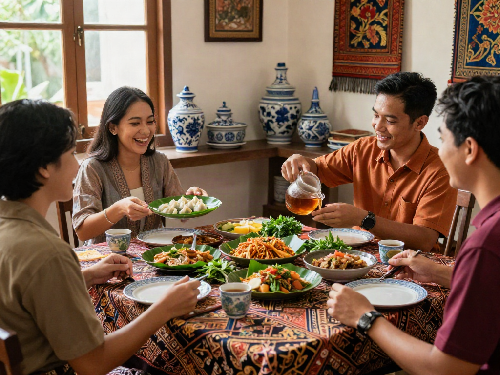 Friends enjoying a nyonya4d meal around a Peranakan table, rich colors and vibrant culture.