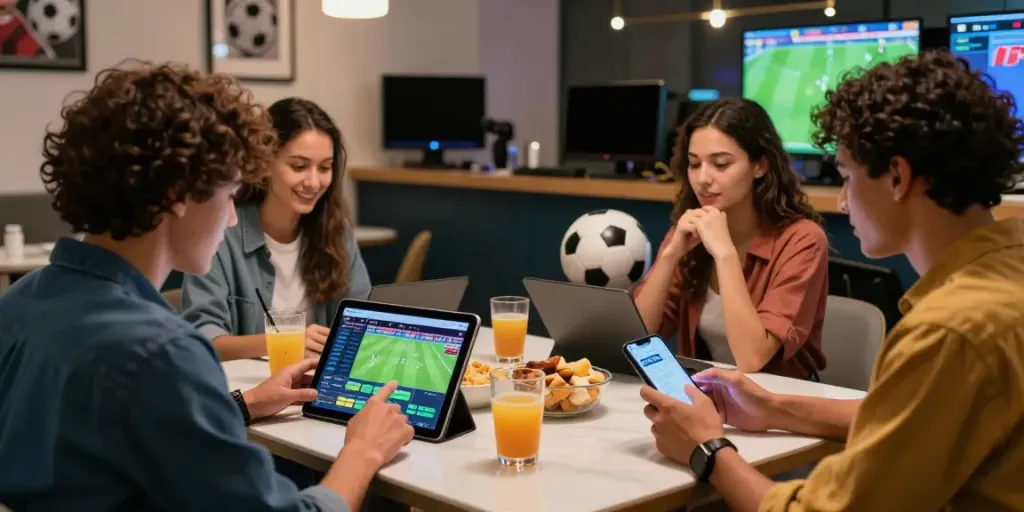 Engaged friends enjoying Taruhan Bola DewaGG betting experience in a modern lounge