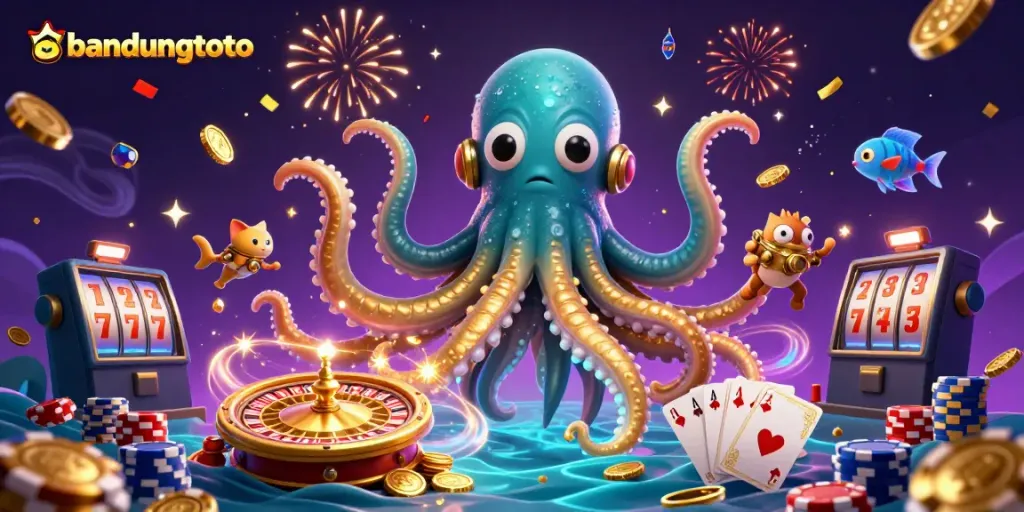 Engage with bandungtoto's thrilling gaming atmosphere featuring a kraken, a diving cat, and vibrant casino elements.