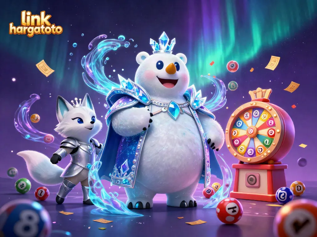 Play with link hargatoto in a vibrant scene featuring a cartoon ice king polar bear and a snow fox surrounded by lottery elements.