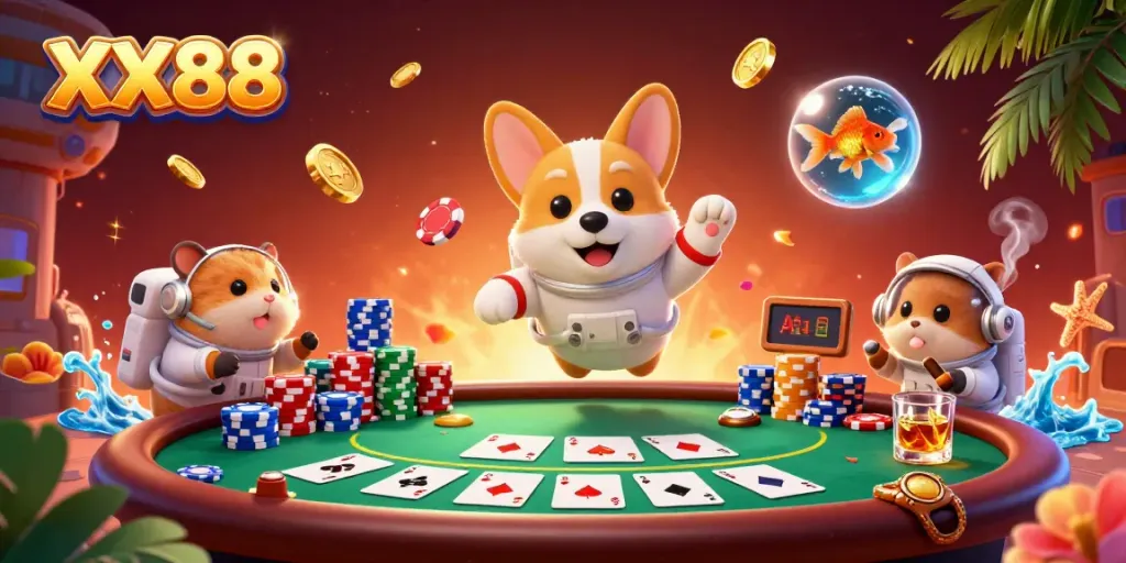 Experience the excitement of XX88 with 3D characters embracing a vibrant casino atmosphere full of poker action.