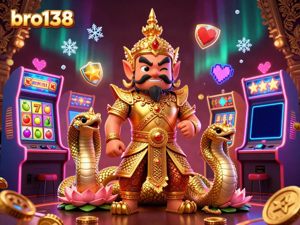 Spin the reels with bro138's stunning casino scene featuring a friendly guardian and Naga serpents.