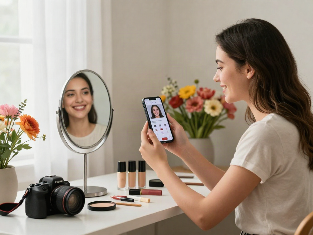 Young woman preparing for a test of attractiveness in a bright studio.