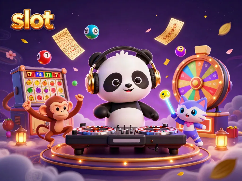 Slot menghidupkan suasana kasino dengan DJ panda dan monyet menari di depan gulungan slot berwarna-warni.