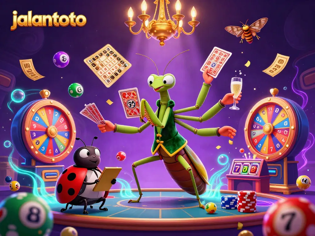 Menangkan jackpot dengan jalantoto, ilustrasi warna-warni elemen kasino yang meriah.