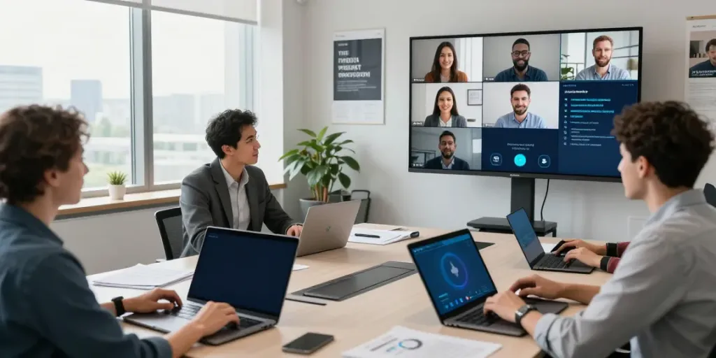 Deepfake protected Conferencing featuring a diverse team engaged in a virtual meeting showcasing security protocols.
