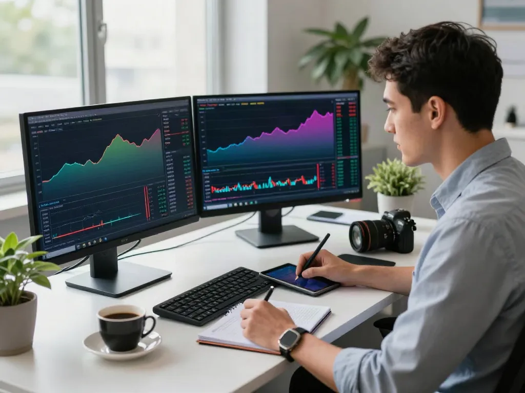 Trader analyzing MetaTrader 5 charts in a modern finance office environment.