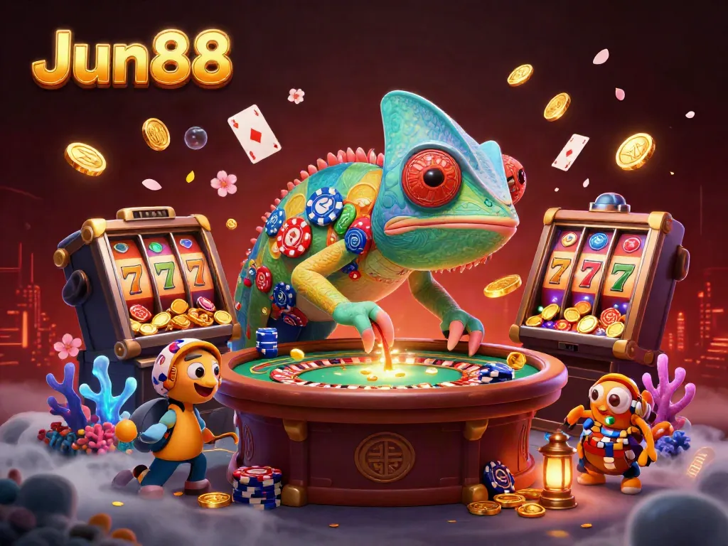 Experience Jun88 with a vibrant chameleon casino owner in a dynamic gaming scene, featuring slot reels and gold coins.