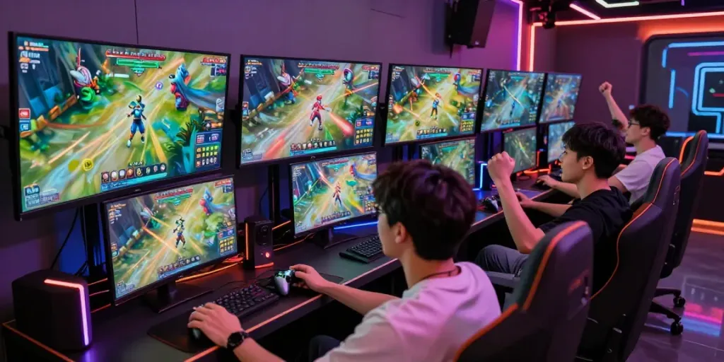Gamers enjoying PG电子 titles in a vibrant digital gaming environment filled with energy and excitement.