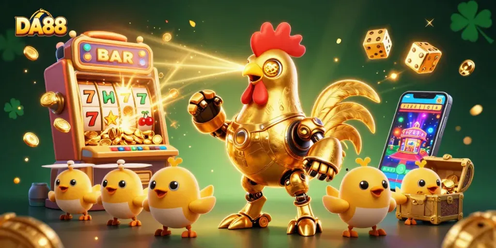 Engage in thrilling gameplay with DA88's 3D golden rooster and baby chick drones bursting with casino excitement.