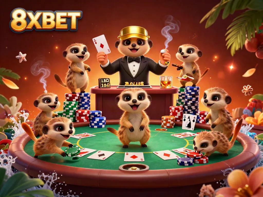 Experience the excitement at 8XBET with meerkats managing a colorful casino scene full of chips and cards.