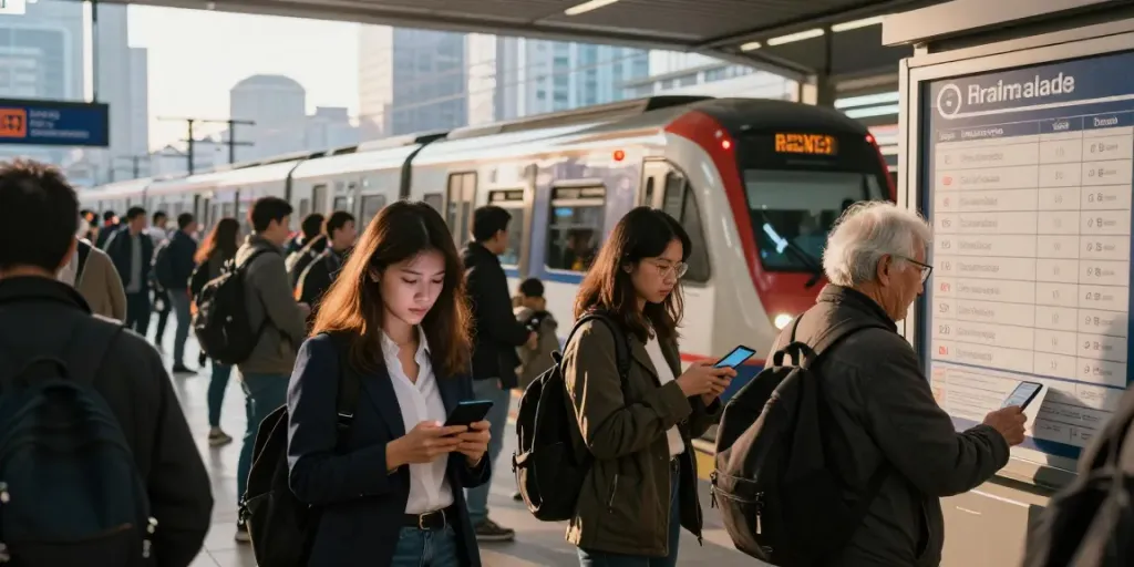 Savvy commuters checking their devices for updates on Scioperi treni during busy rush hour.
