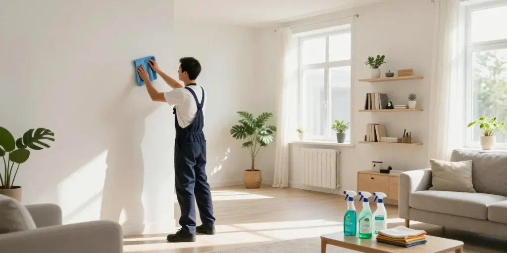 Professional end of lease cleaning in Melbourne with a cleaner dusting a bright living room.