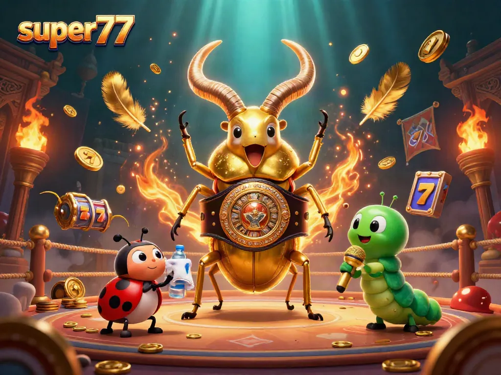 Experience thrilling action at super77 with a giant stag beetle champion in a vibrant casino scene.