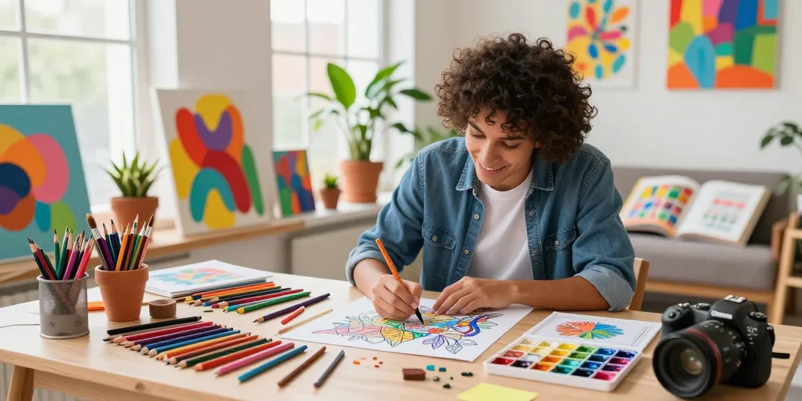 Artist coloring designs from freecoloringsheets.net in a bright studio.