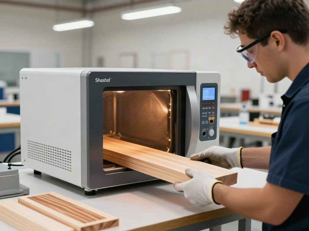 SHASHEL® microwave device effectively treating wood for total insect elimination, showcasing safe and efficient equipment.