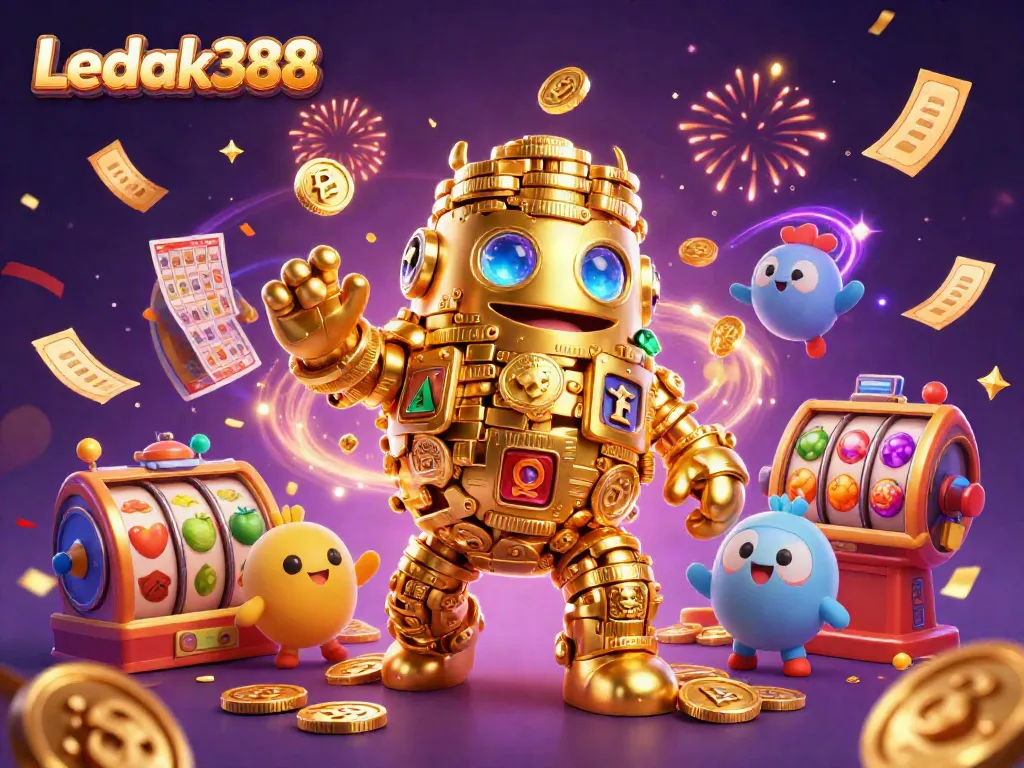 Experience the thrill of Ledak388 with a golden golem surrounded by vibrant casino elements.