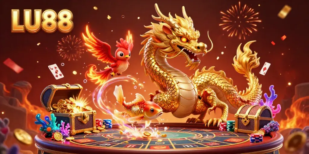 Engage with LU88 in a vibrant, dynamic scene featuring a golden dragon, a red phoenix, and a koi fish amidst casino elements.