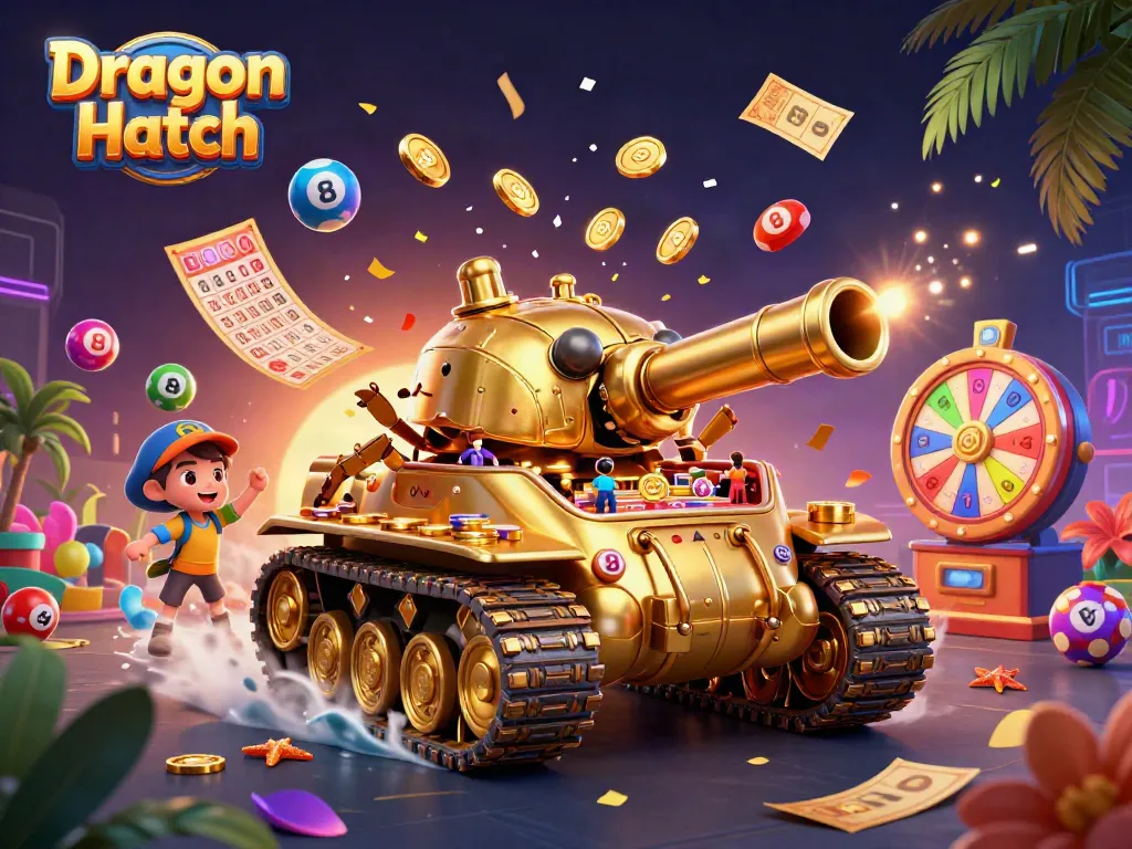 Engage with Dragon Hatch as vibrant lottery balls and a miniature casino come alive in this dynamic scene.