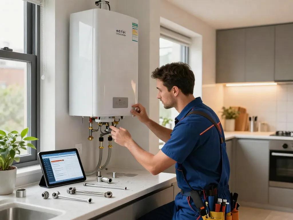 wefix london plumber inspecting boiler in a modern kitchen