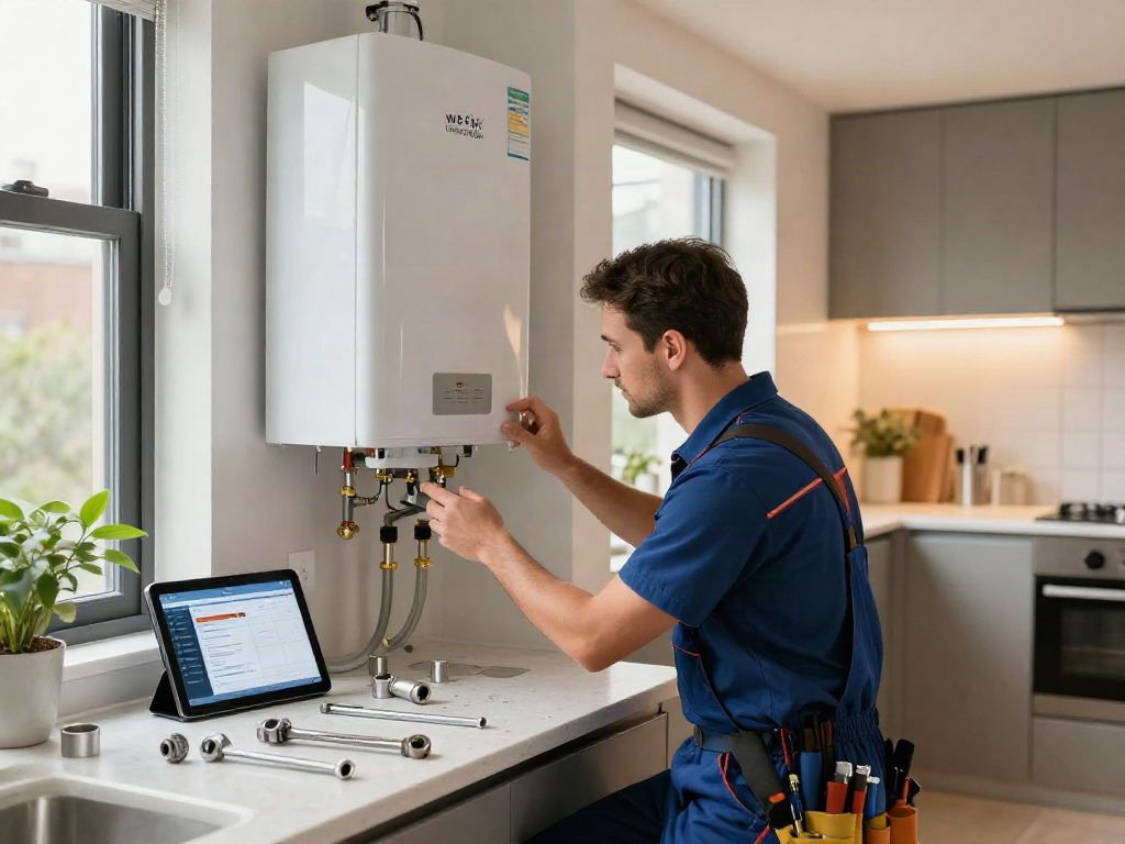 wefix london plumber inspecting boiler in a modern kitchen