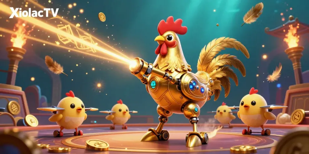 XoilacTV captivates with an animated sports betting scene, featuring a golden rooster robot and baby chick drones.