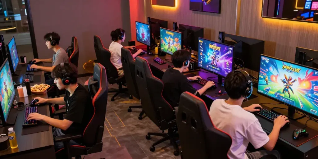 Group of friends playing QQMacan games in vibrant gaming lounge.