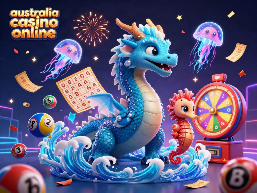 Engage in thrilling gameplay at australia casino online with an azure dragon, seahorse knight, and vibrant game elements.